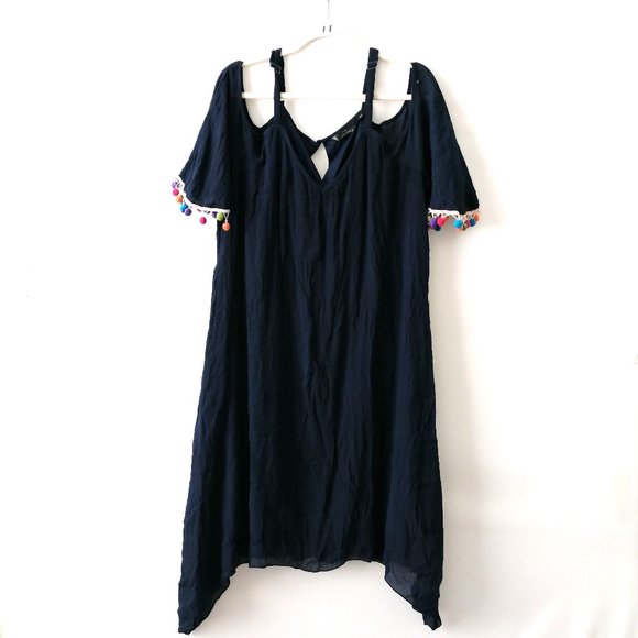 Mlle Gabrielle Womens Blue Cold Shoulder Peasant Pom-Pom Boho Dress Size 1X - Picture 1 of 7